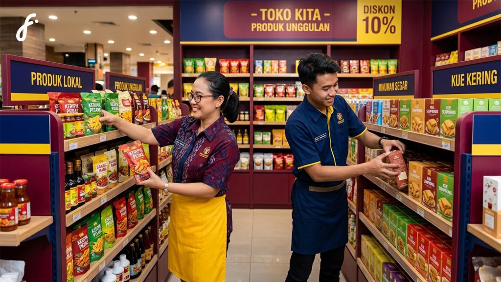 Pemilik dan karyawan toko sedang menata display produk