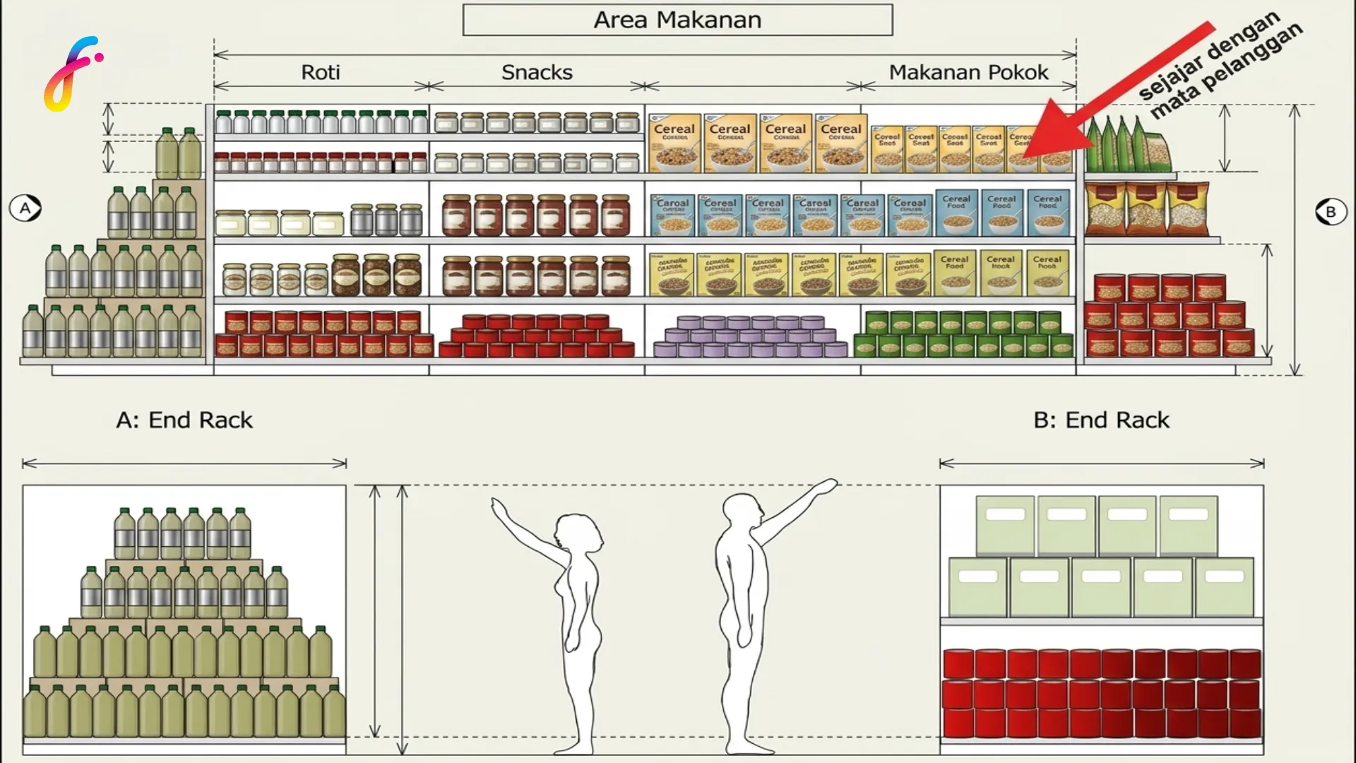 Contoh diagram planogram untuk mengatur posisi produk di rak