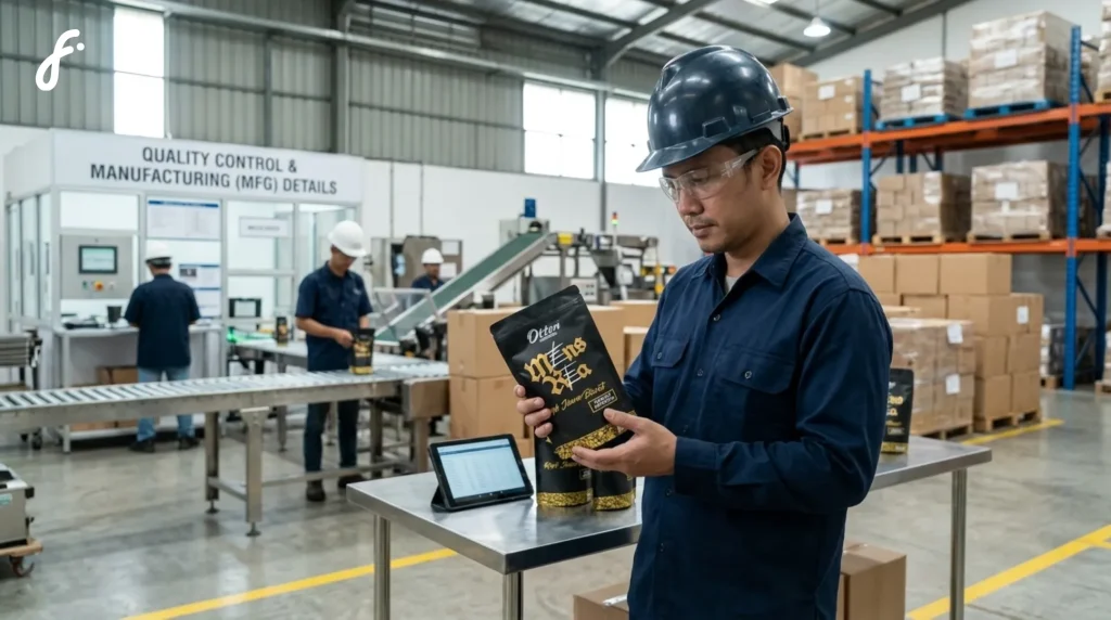 Teknisi sedang mengecek kode MFG kemasan standing pouch flexypack.