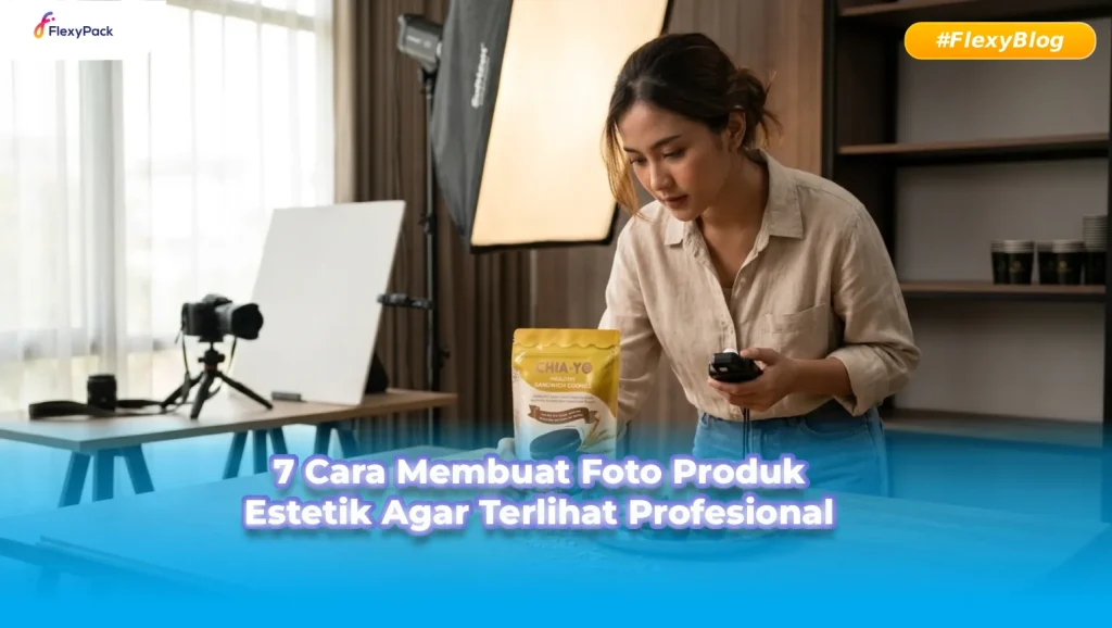 Gambar pengusaha sedang ingin foto produknya yang terkemas dengan standing pouch flexypack