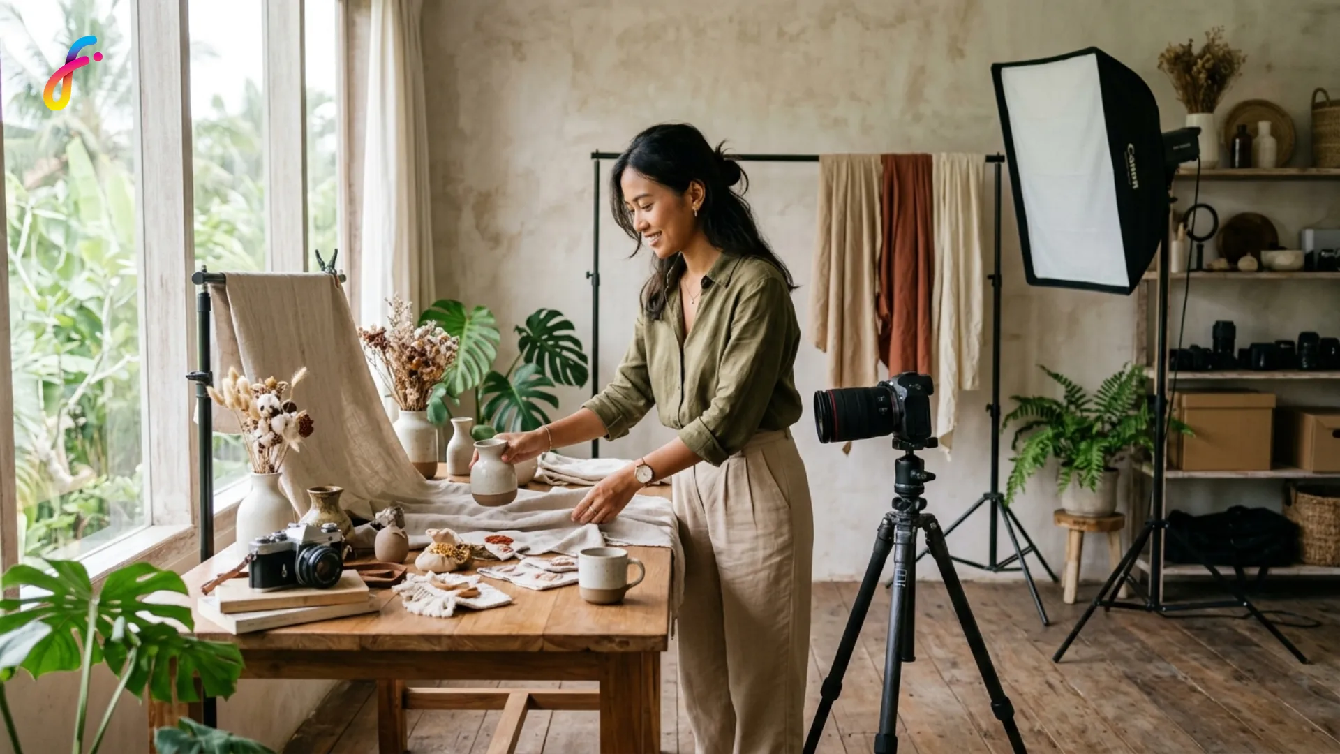 Gambar pemilik usaha yang sedang menata produknya untuk difoto