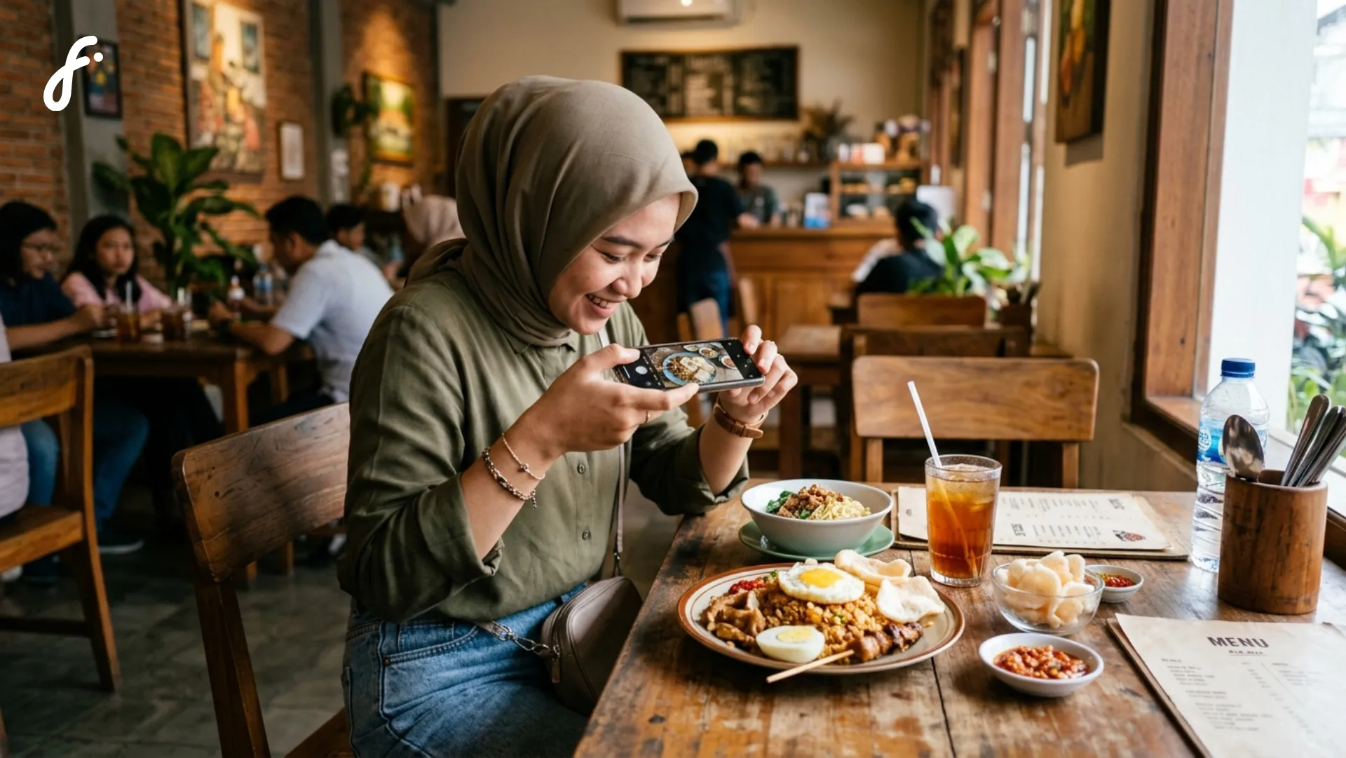 Gambar seorang wanita yang sedang memfoto makanan dan minumannya