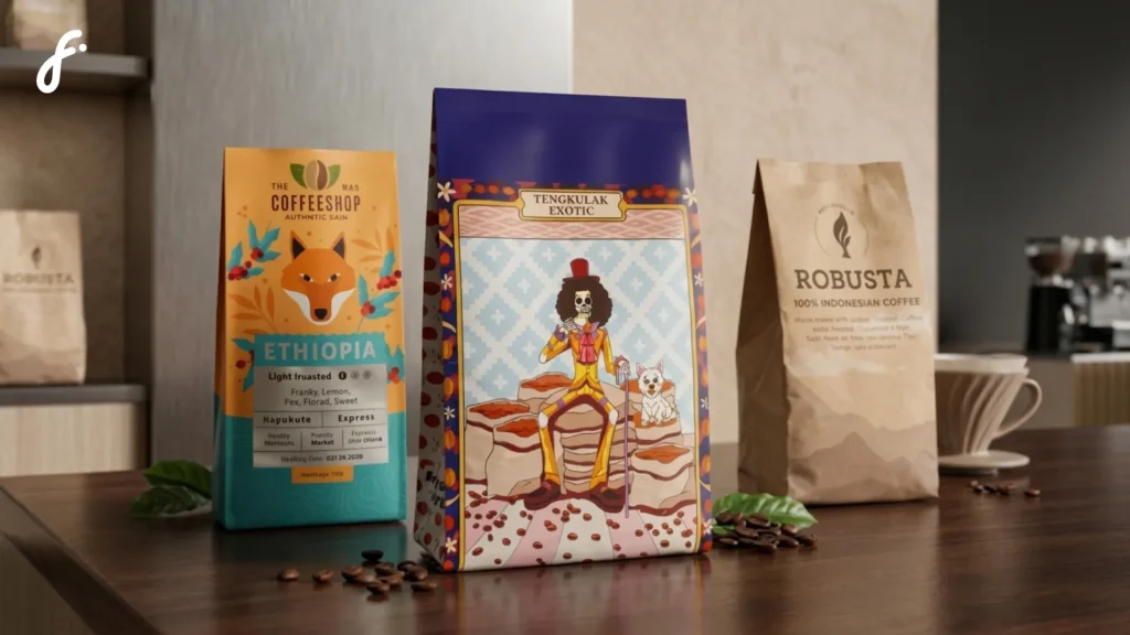 gambar yang menunjukkan tiga kemasan gusset dari Flexypack untuk biji kopi