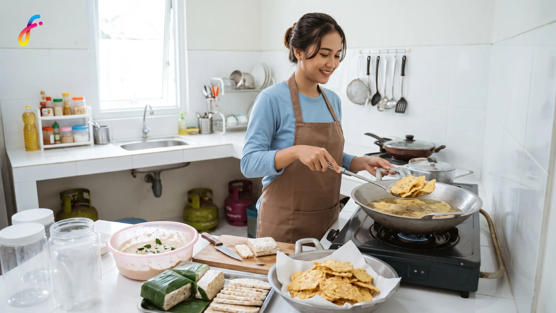Gambar perempuan sedang memasak keripik tempe