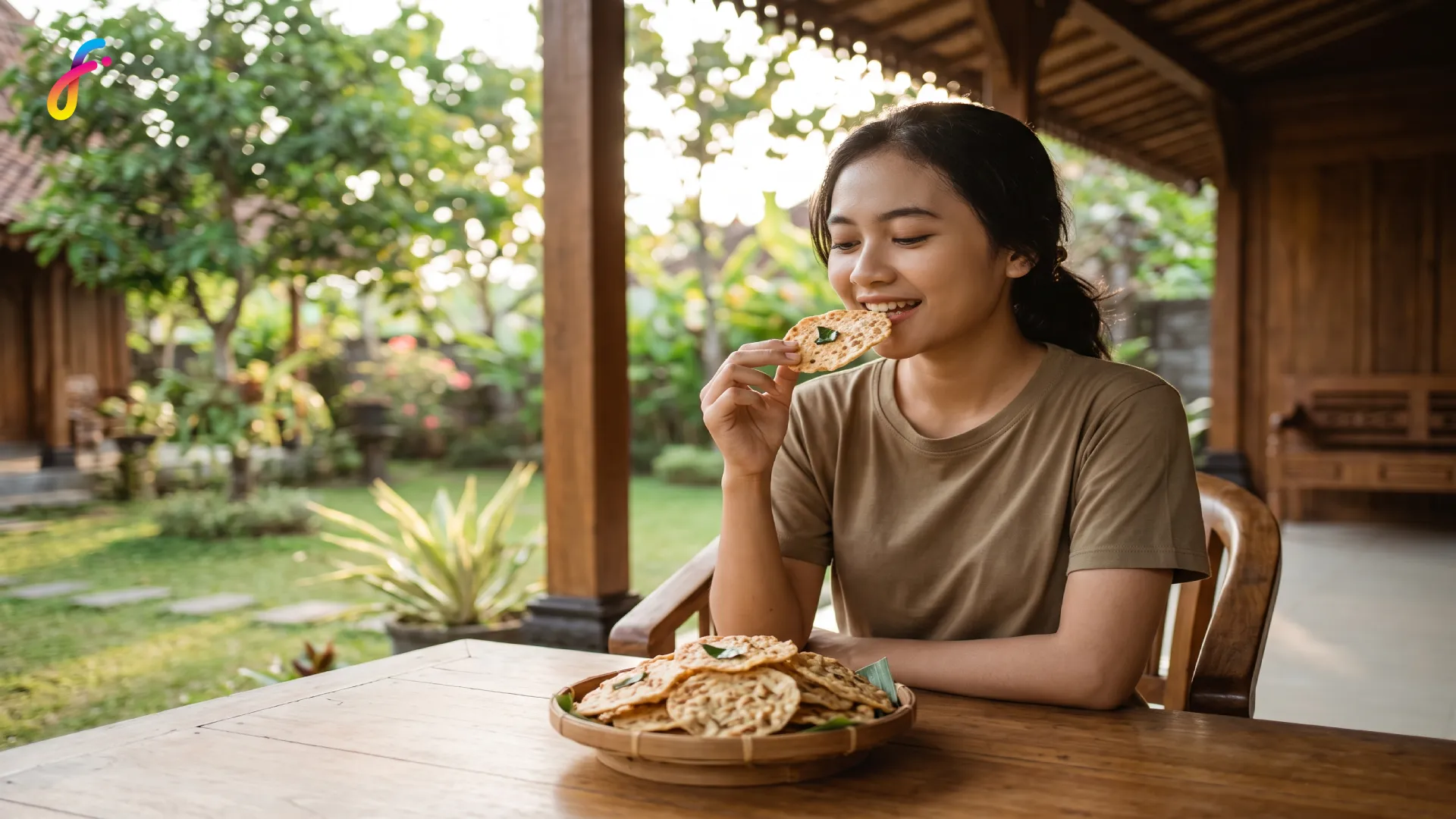 Gambar perempuan yang sedang menikmati keripik tempe