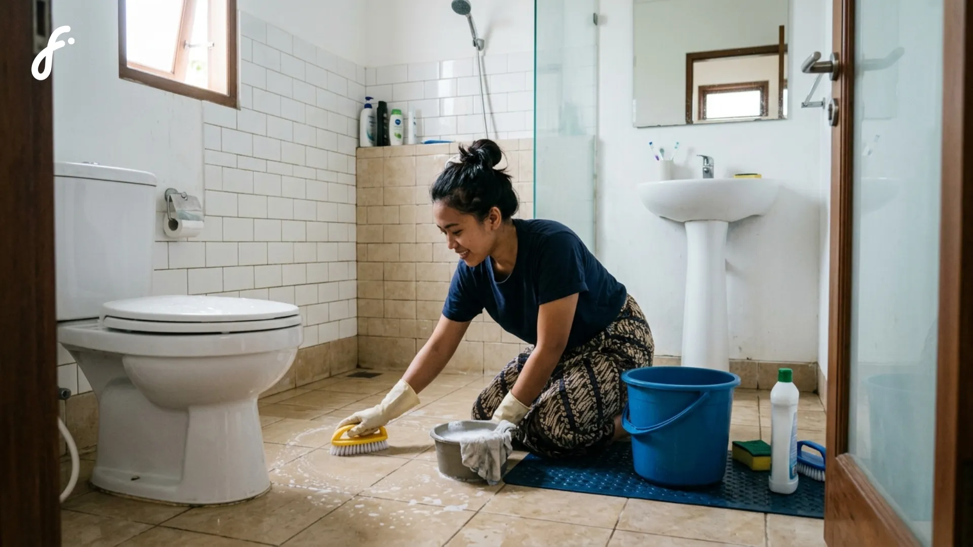 Gambar wanita yang sedang menyikat lantai kamar mandi