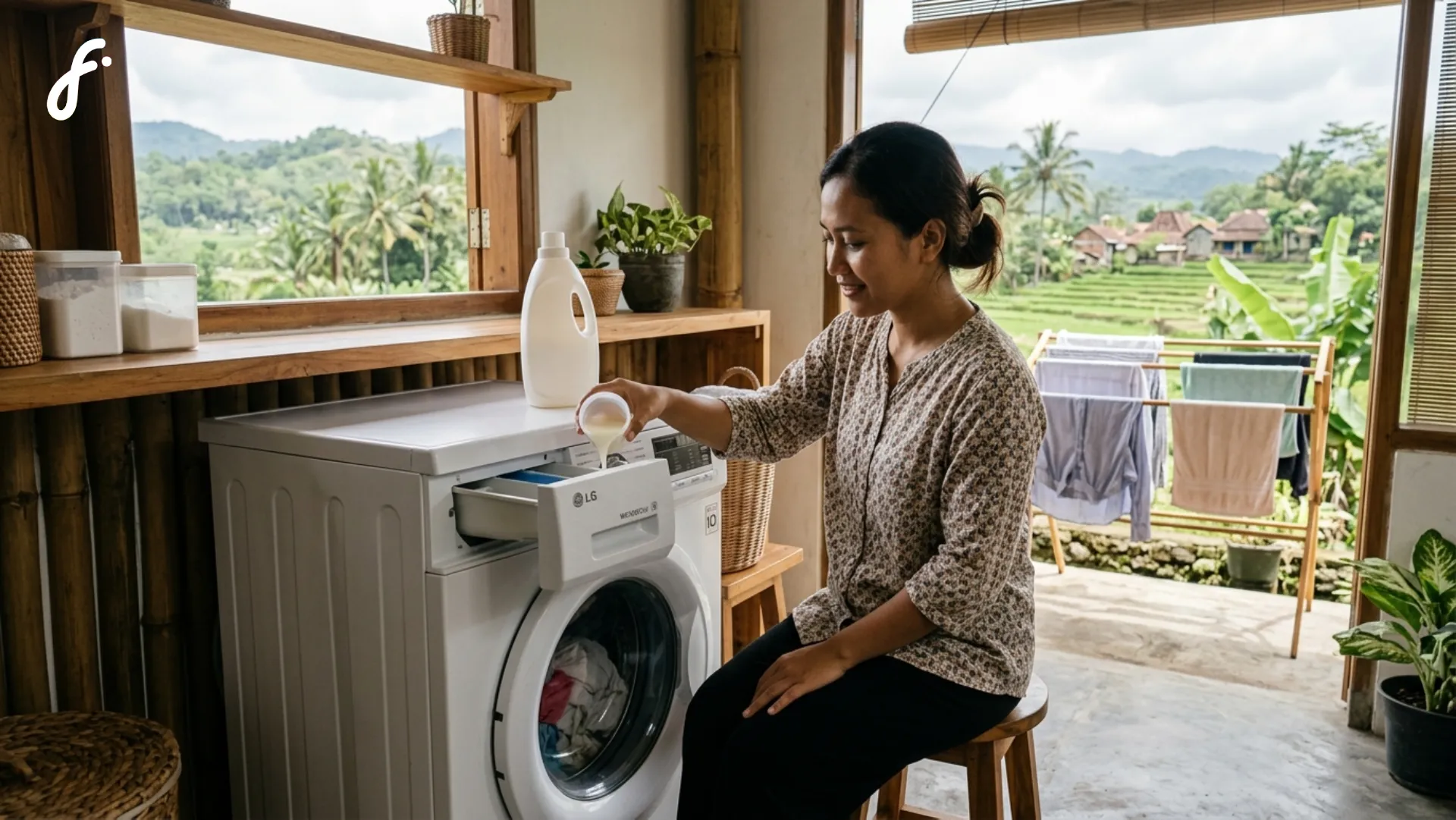 Gambar wanita sedag menuangkan pewangi pakaian ke mesin cuci