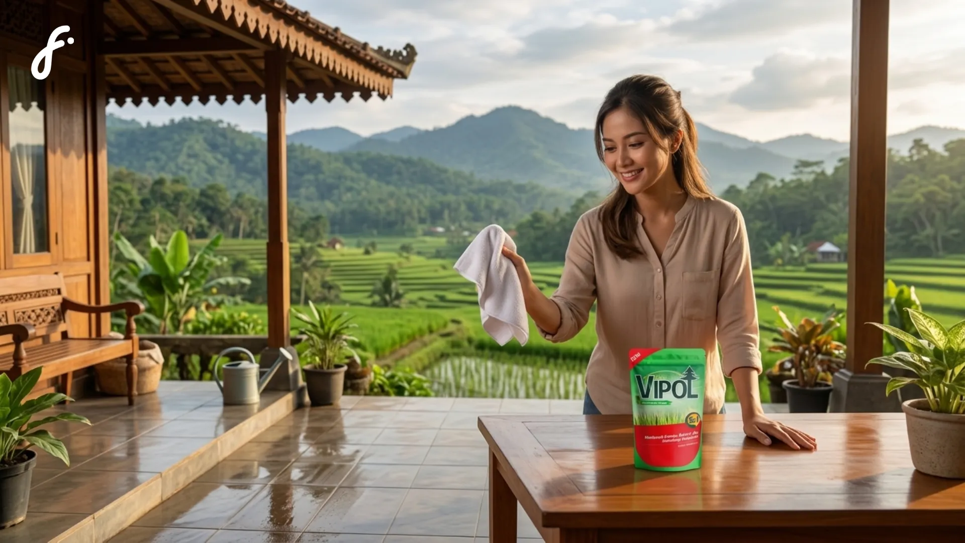 Gambar wanita sedang membersihkan meja dengan produk kimia
